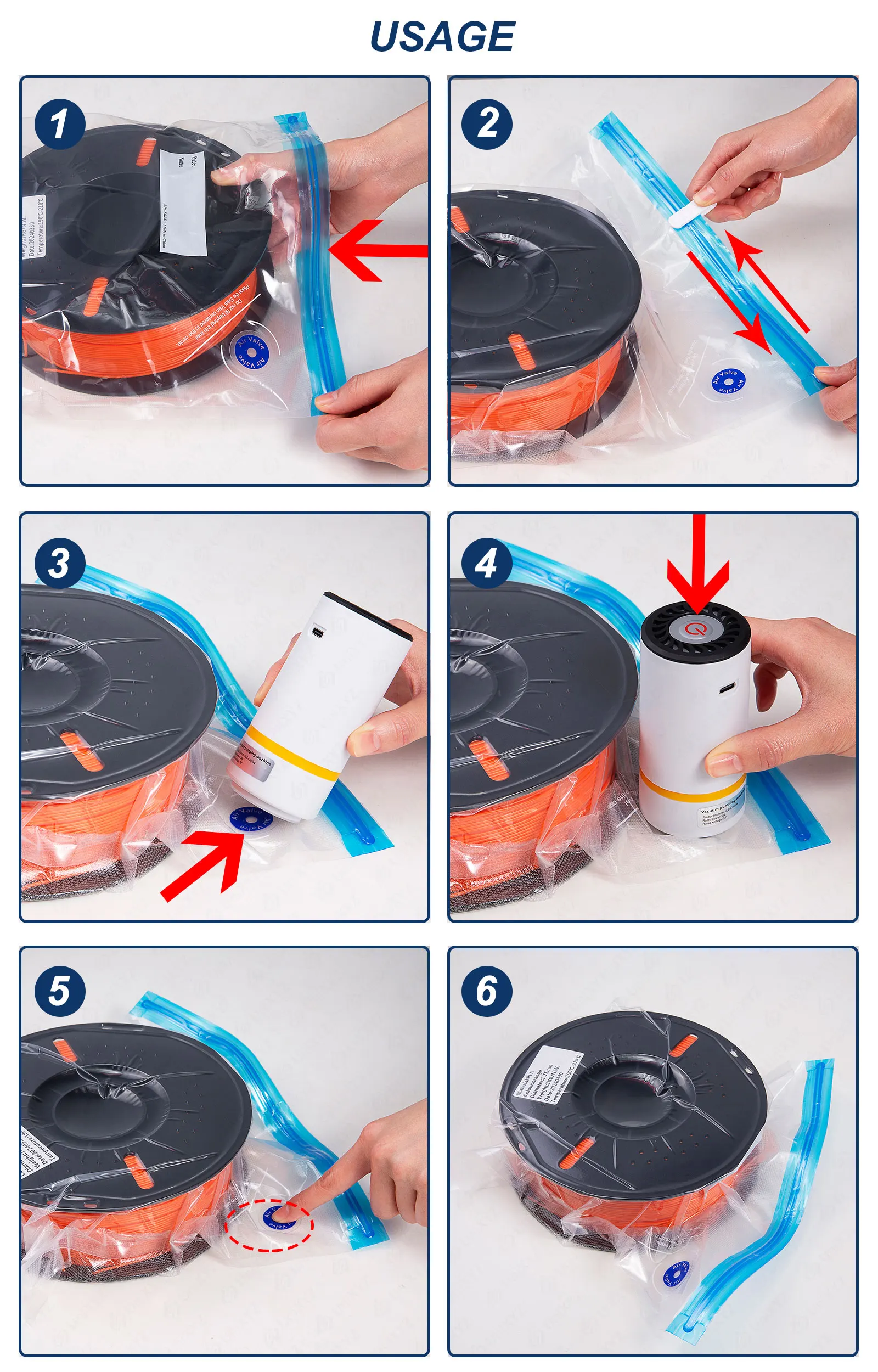 Фото Вакуумный мешок для 3D-нити, мешок для хранения нити ABS TPU PETG PLA, влагостойкий и сухой вакуумный мешок с насосом для деталей 3D-принтера №5