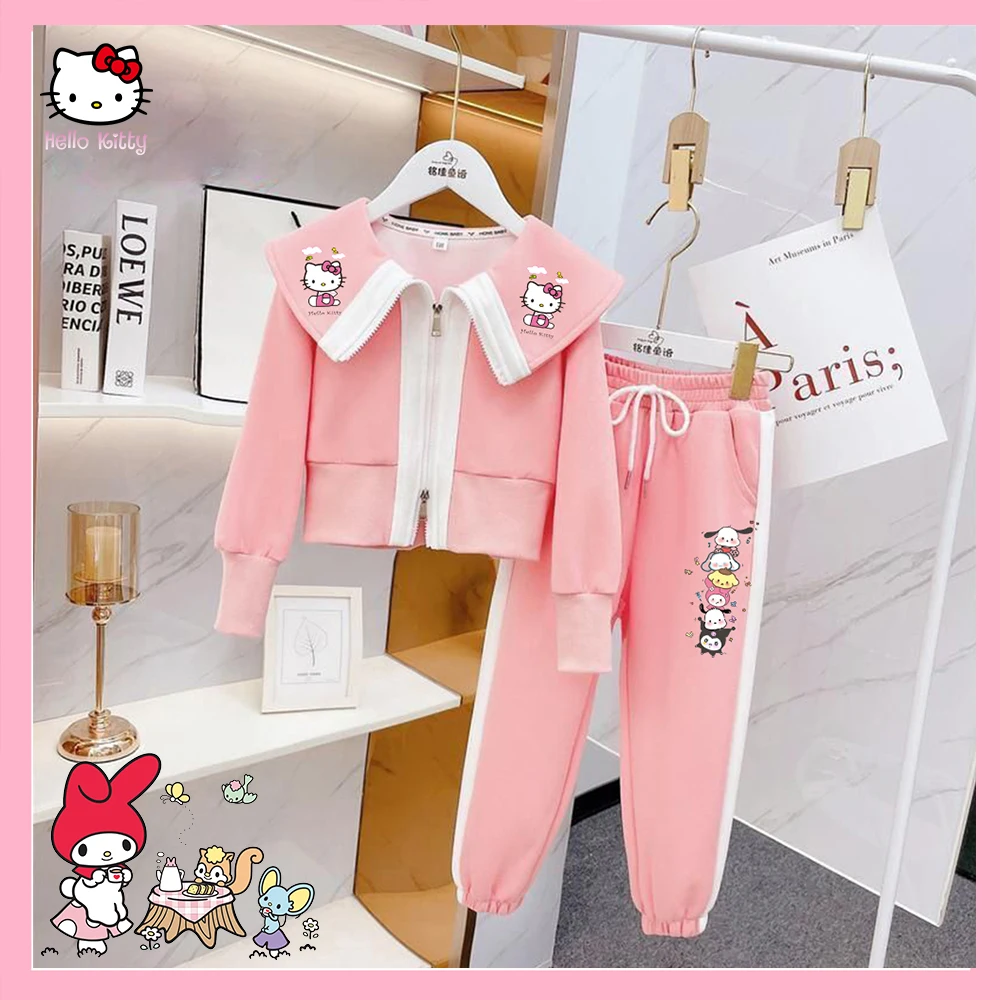 Детский спортивный костюм Sanrioed для девочек, аниме Hellokitty Melody Cinnamoroll, пальто и штаны, кавайная Корейская версия, Осень-зима для студентов, 2 шт.