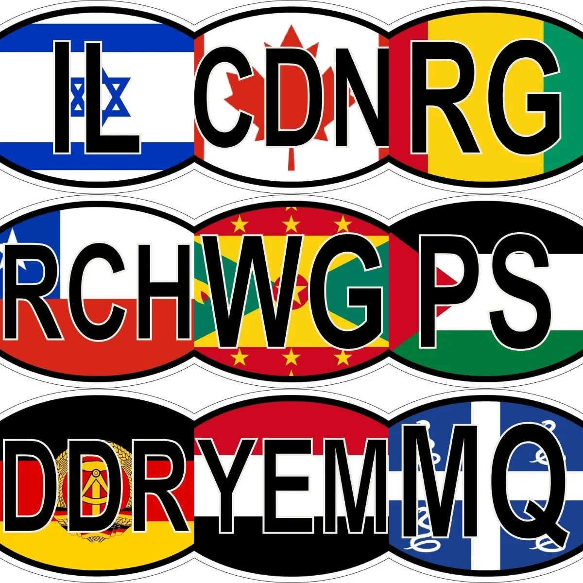 CDA, Канада, RCH, RG, WG, PS, Пакистан, Йемен, Йемен, Израиль, MQ, Мартиника, национальный флаг, код аббревиатуры, автомобильная наклейка