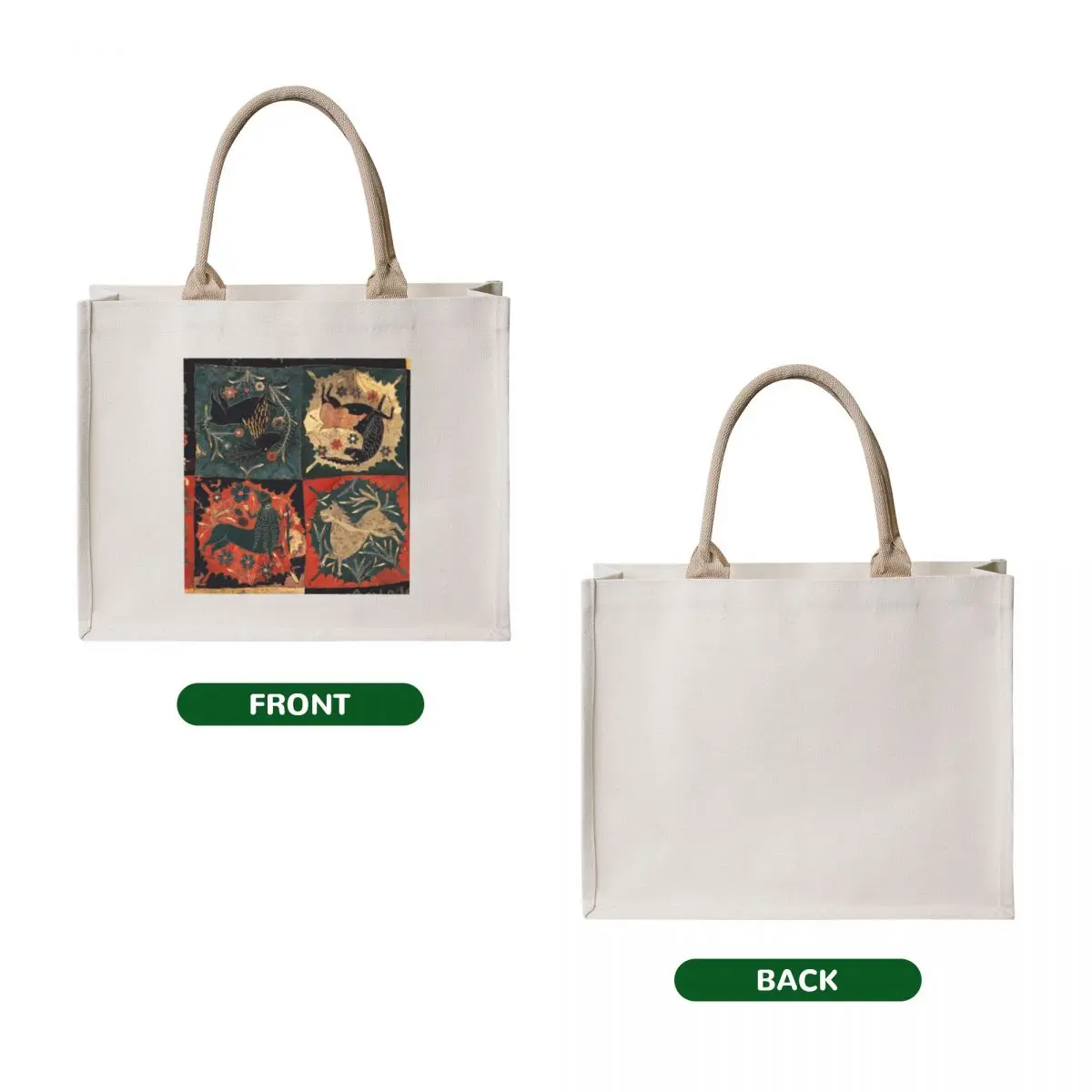 Фото MEDIEVAL BESTIARY, DEER, UNICORN,CENTAUR AND LION Red Blue Antique Scandinavian Embroidery Tote Bag cloth bag woman №2