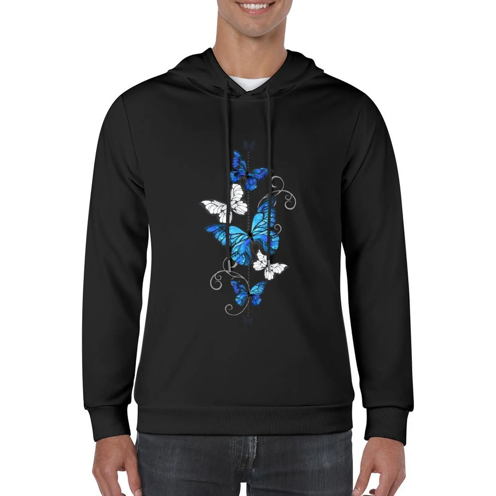 Фото Толстовка с капюшоном Blue Morpho and White Butterflies, мужская одежда, зимняя одежда, мужское пальто, мужская толстовка с капюшоном №5