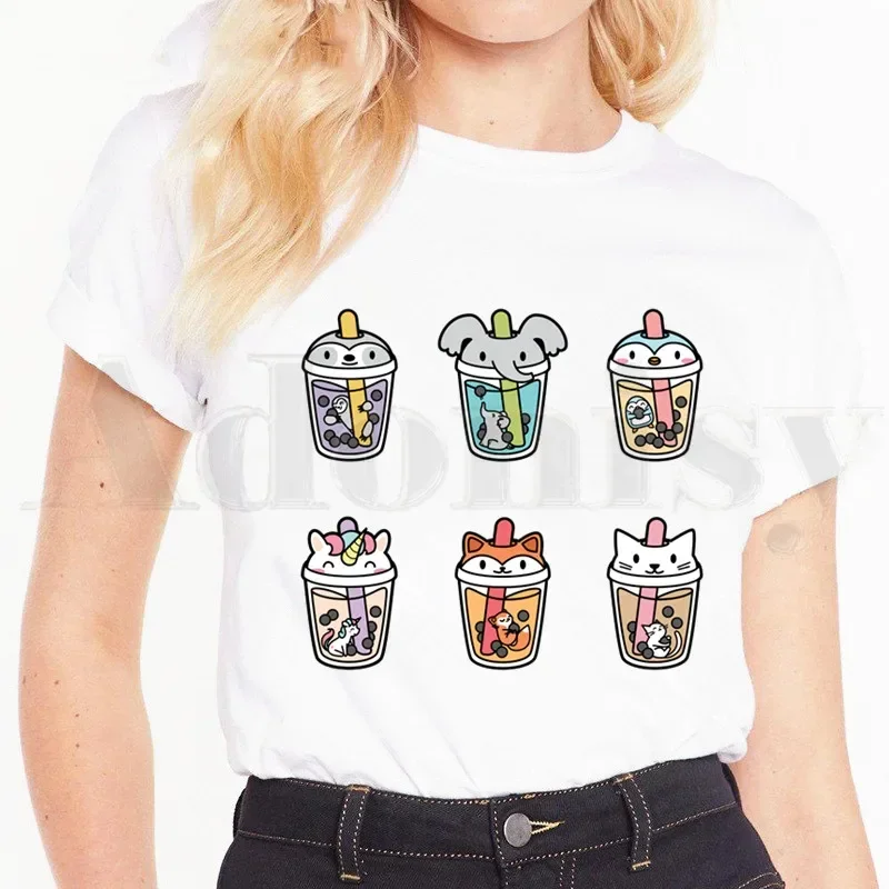 Фото bubble herbata mleczna Boba herbata mleczna kreskówka z krótkim rękawem bluzki damskie koszulki Harajuku VintageT koszule koszulka damska №3