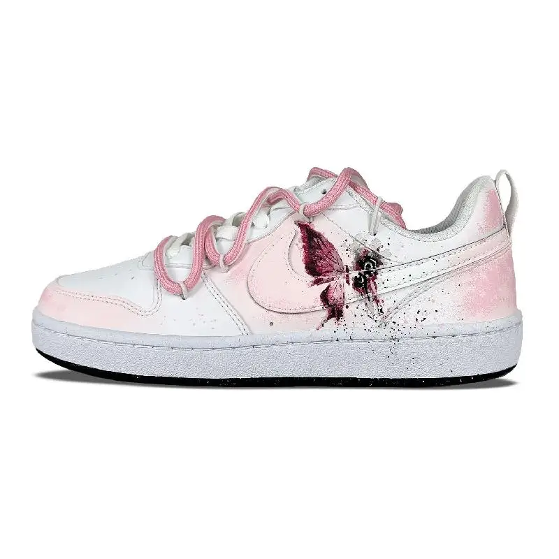 [На заказ Rose Butterfly] Нескользящие легкие низкие туфли для скейтборда Nike Court Borough GS Розовый Белый Кроссовки