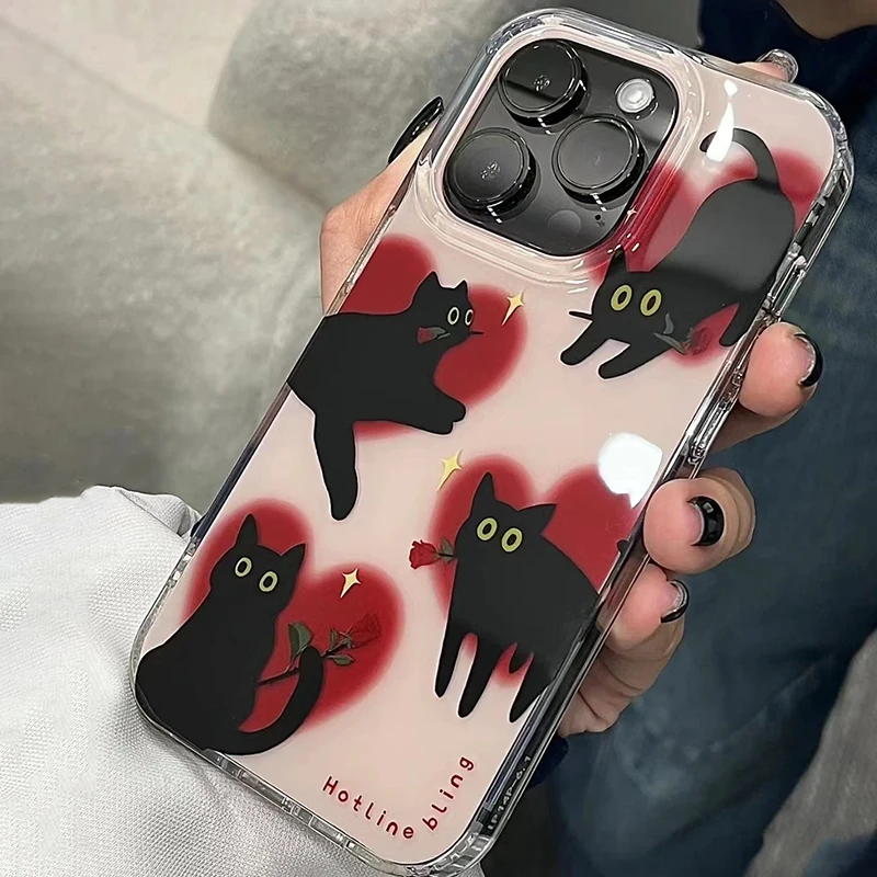 Корейский милый чехол для телефона с изображением черной кошки пшеницы для IPhone 15 14 13 12 11 Pro Max MINI 8 7 Plus XS XR 15PRO, задняя крышка с цепочкой