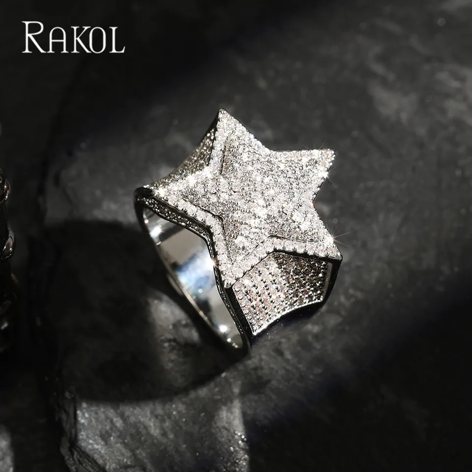 RAKOL Роскошные кольца со звездами и полным цирконом для мужчин и женщин, серебро, золото, цвет, кольцо с пятиконечной звездой, блестящие ювелирные изделия в стиле хип-хоп, подарки