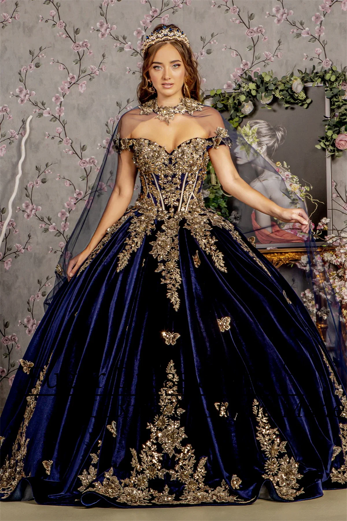 Темно-синие бархатные платья принцессы Quinceanera, модный корсет с открытыми плечами в форме сердца, вышитые металлические наклейки, платья для niñas