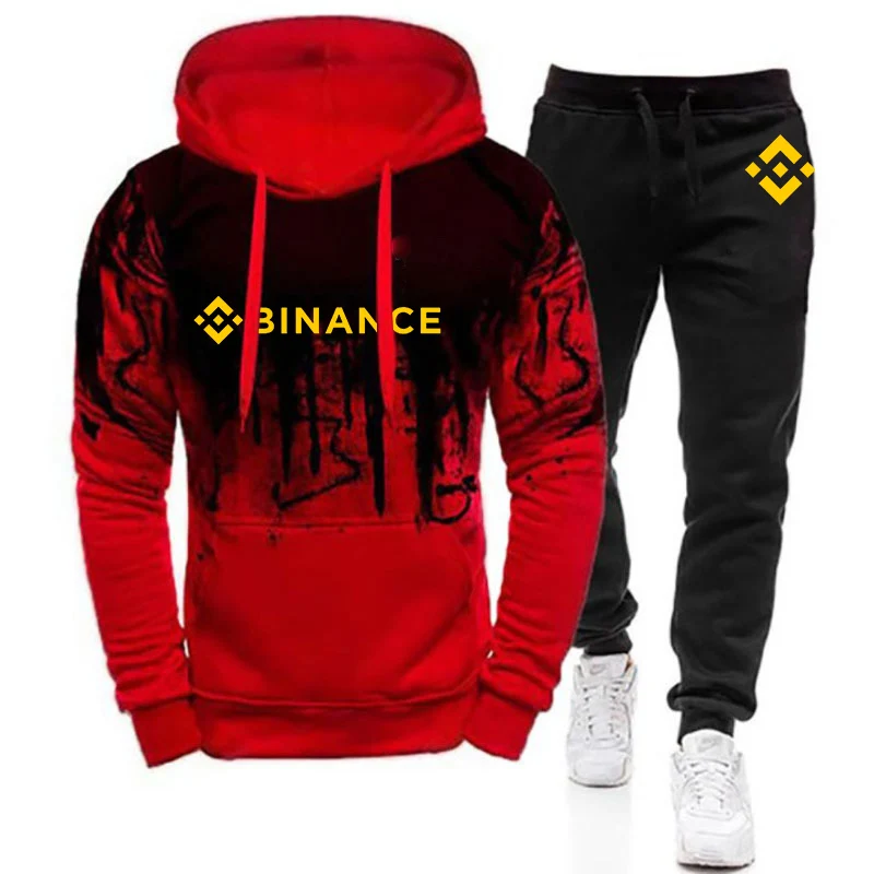 Весенне-осенние мужские толстовки BINANCE CRYPTO с капюшоном и длинными рукавами с принтом логотипа BINANCE CRYPTO, градиентные цвета + спортивные брючные костюмы для отдыха