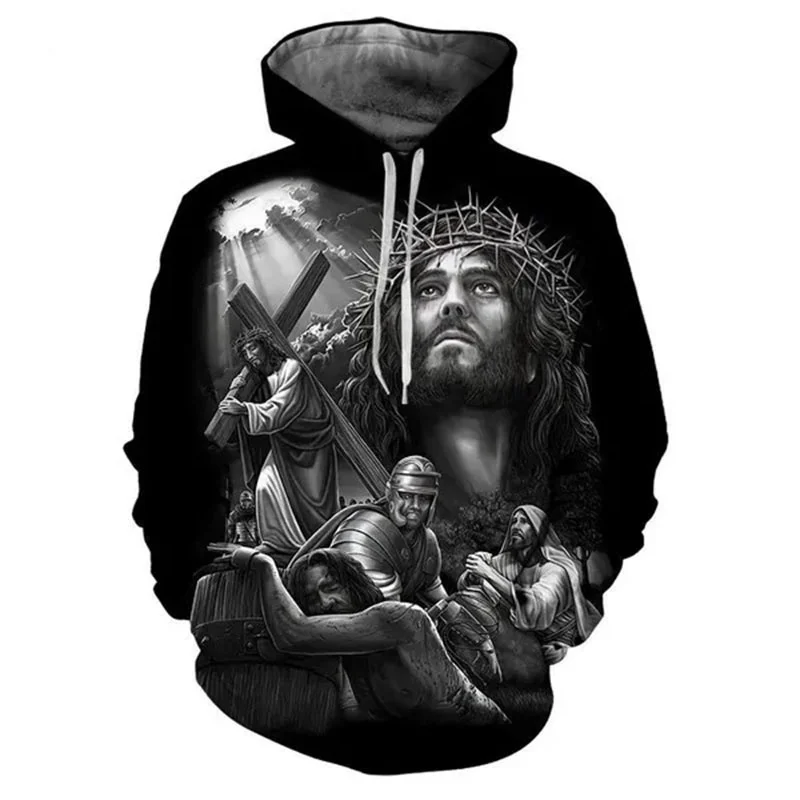 Фото Christian Cross Jesus Pattern Hoodie For Men God 3D Print Long Sleeves Casual Pullover Streetwear Tops Hoodies Loose Sweatshirt №3