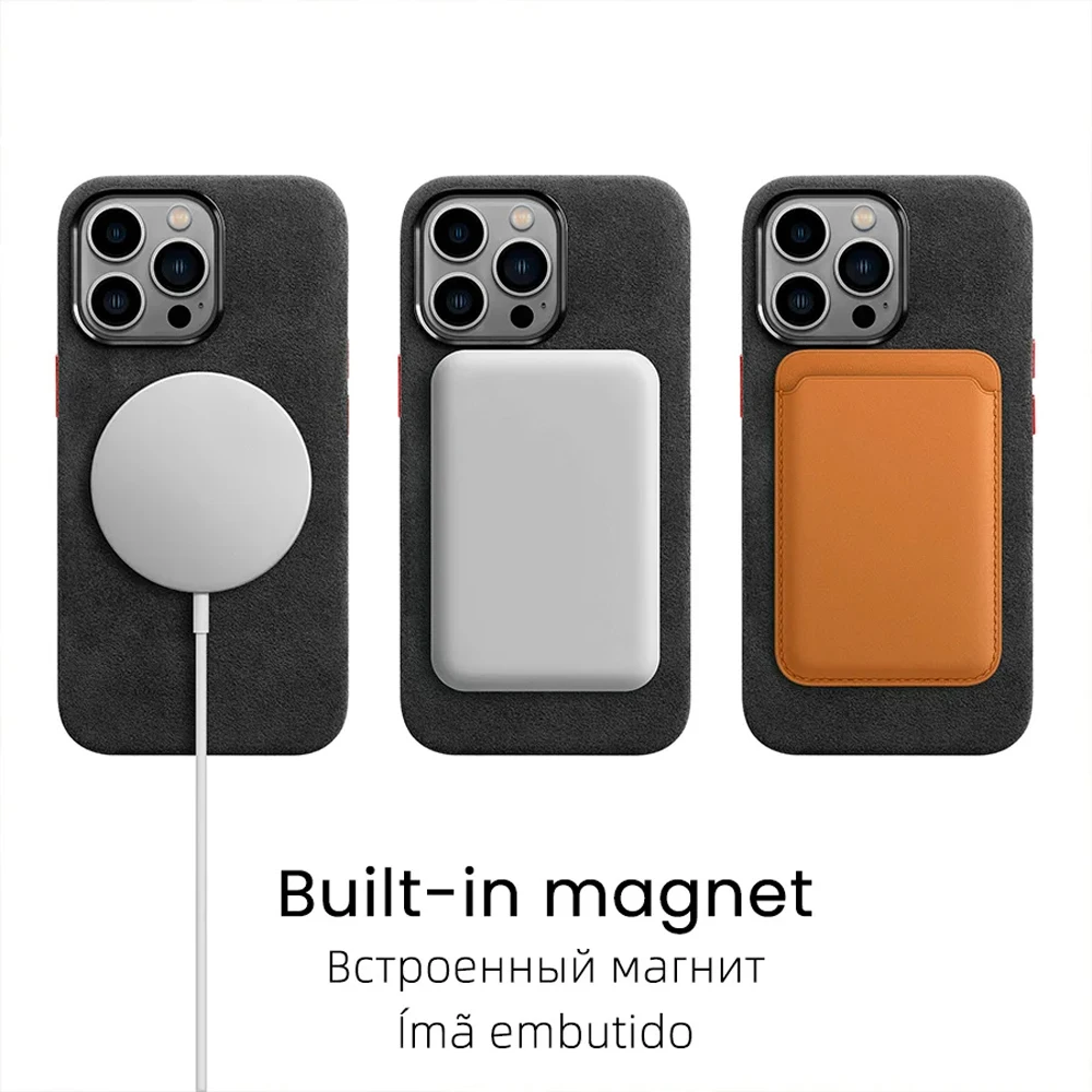 Фото Магнитный чехол с алькантарой для iPhone 15 Pro Max 12 13 14Plus, Роскошный деловой Внутренний чехол с суперкамерой, одинаковый замшевый кожаный чехол для телефона №5