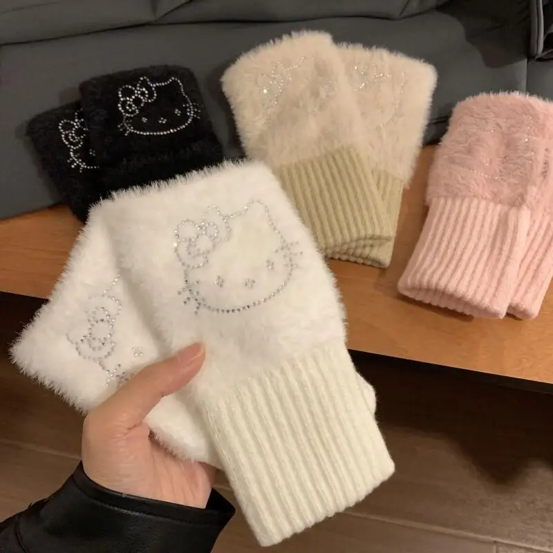 Фото Sanrio Hello Kitty Женские Зимние Теплые Вязаные Перчатки Без Пальцев, Мягкие Плюшевые Перчатки С Героями Мультфильмов №2