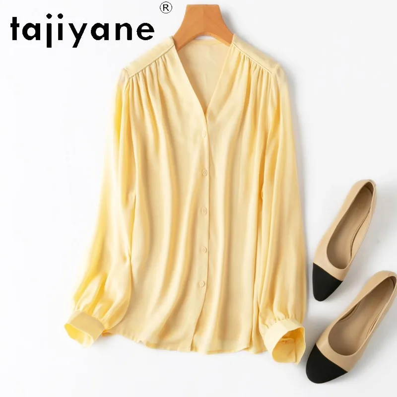 TAJIYANE рубашки из 100% тутового шелка, женские элегантные желтая рубашка Goose, новые поступления 2025 года, женские топы с v-образным вырезом, весенняя одежда, Camisas