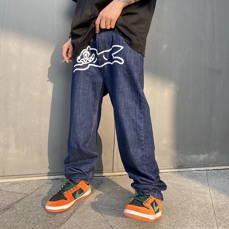 Джинсы Lurus Celana Gambar Anjing Celana Panjang Denim Kasual Longgar Retro Pria Celana Jeans хип-хоп Dicuci Harajuku