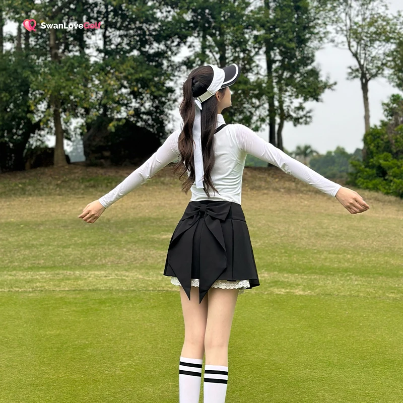 Фото SG Golf Теннисная одежда Женская охлаждающая футболка с длинным рукавом Плиссированная юбка с бантом Женские полые рубашки поло Тренажерный зал Активная юбка для гольфа №5