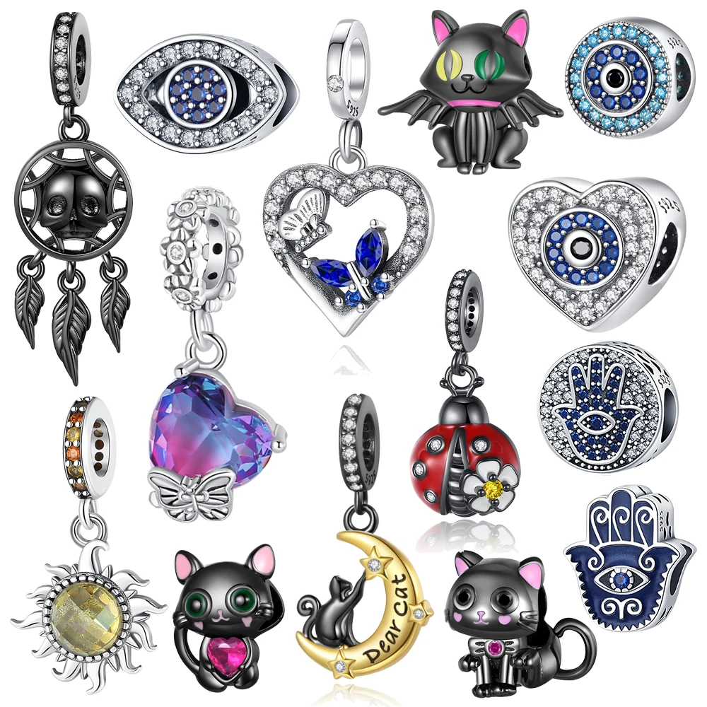 Dark Series 925 Sterling Silver Cat&Feather Skull&Demon Eyes&Hands&Enchanting Heart Dangle Charm Fit DIY Bracelet Jewelry