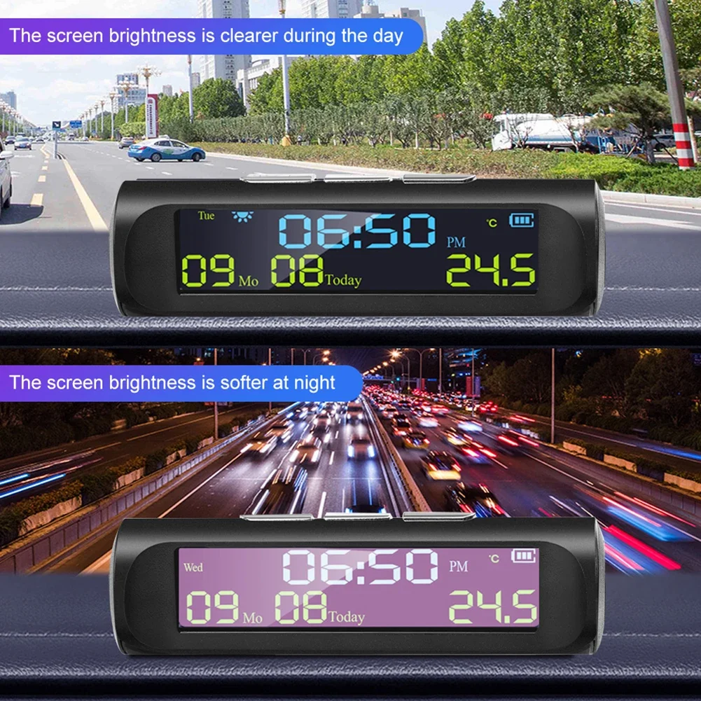 Автомобильные цифровые часы AN01 TPMS на солнечной батарее с датой и дисплеем температуры в автомобиле, высокоэффективные солнечные сверхдолгие батареи