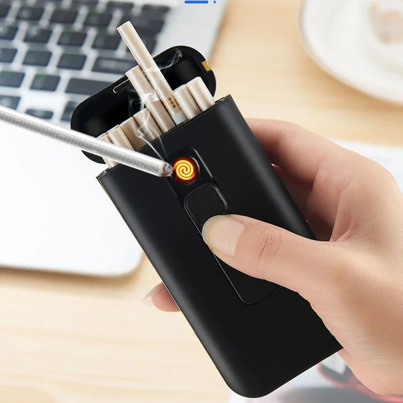 Фото Брендовый пластиковый обычный тонкий портсигар 20 с зажигалкой, USB перезаряжаемый ультратонкий портсигар 119*56 мм №3