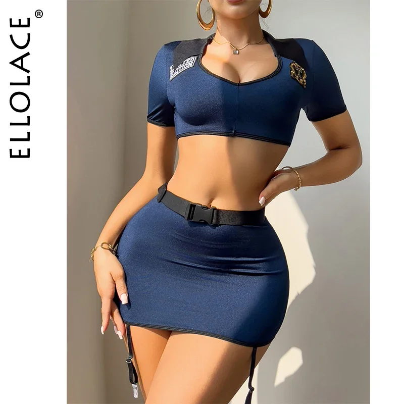 Ellolace Хэллоуин сексуальное женское белье полицейский косплей укороченный топ трусики юбка 3 шт. ролевая игра комбинезон-маскарад вечерние горячий костюм