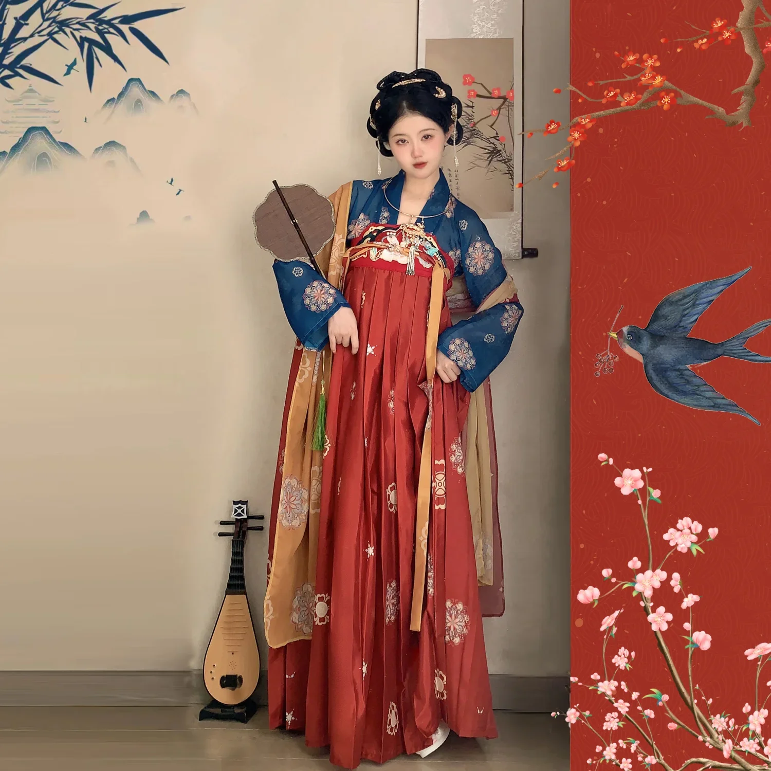 Фото Белый, красный, синий, традиционный китайский комплект Hanfu — комплект Qixiong Ruqun BFF в стиле Tang (доступное древнее платье для женщин и лучших друзей) №2
