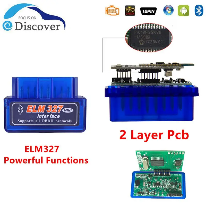 Новинка, 50 шт., 2-слойный контрольный двигатель Pcb Bluetooth V1.5 PIC18F25K80 ELM 327, поддерживает больше инструментов для диагностики автомобиля