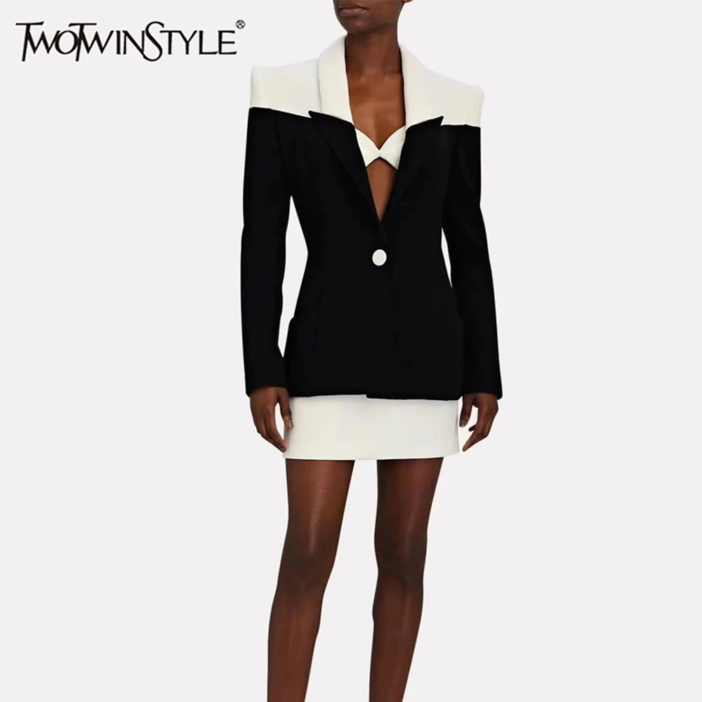 TWOTWINSTYLE хитовый цветной комплект из двух предметов для женщин, пиджак с зубчатым воротником и длинными рукавами, мини-юбка с высокой талией, темпераментные комплекты, женские