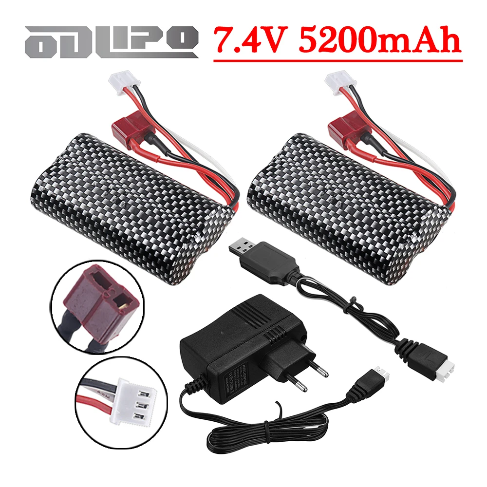 Обновленный аккумулятор 7,4 В 18650 5200 мАч для Wltoys 10428/12428/12423/Q46, запасные части для радиоуправляемых автомобилей с зарядным устройством, Т-образный разъем 7,4 В для электромобилей