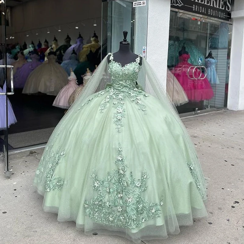Фото ANGELSBRIDEP зеленые платья для девушек с накидкой милые 16 Платьев Бальное Платье с 3D кружевной аппликацией тюлевые Платья На День Рождения Новинка №2