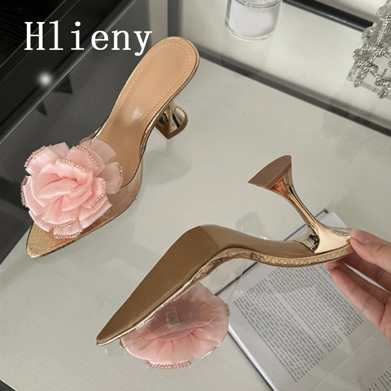Модные стильные женские тапочки Hlieny с цветами, пикантные прозрачные туфли из ПВХ с острым носком, туфли-лодочки на необычном высоком каблуке, блестящие туфли (art.: 3920c32a8f875) - 3920c32a8f875
