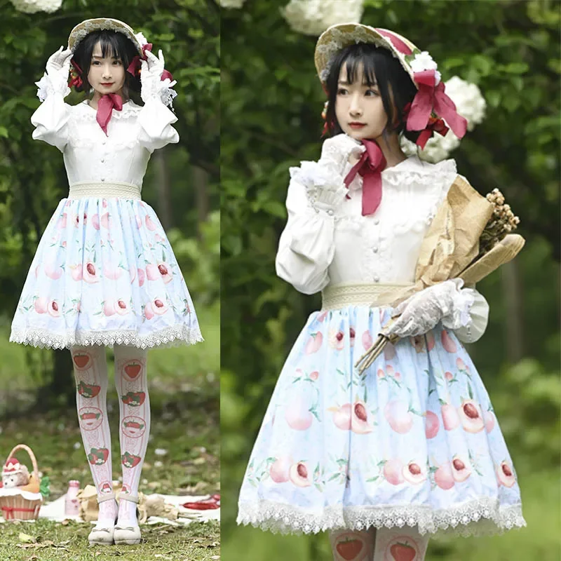 Юбка-трапеция с принтом Sweet Peach Короткая юбка Mori Girl с кружевной отделкой