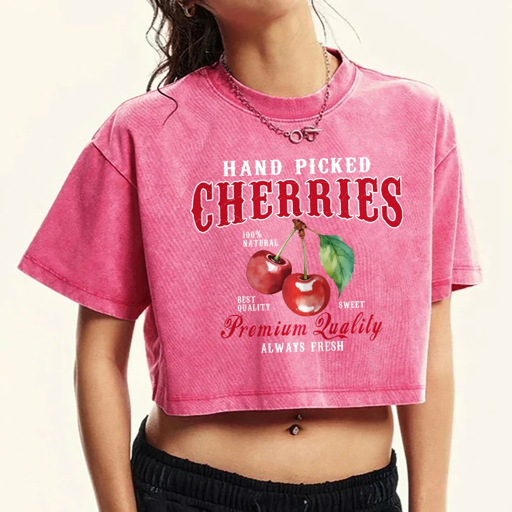 Hand Picked Cherries Always Fresh Prints Washed T Shirt Women Retro Sport Short Sleeve Summer Tees Clothing Crop Fashion T-Shirt