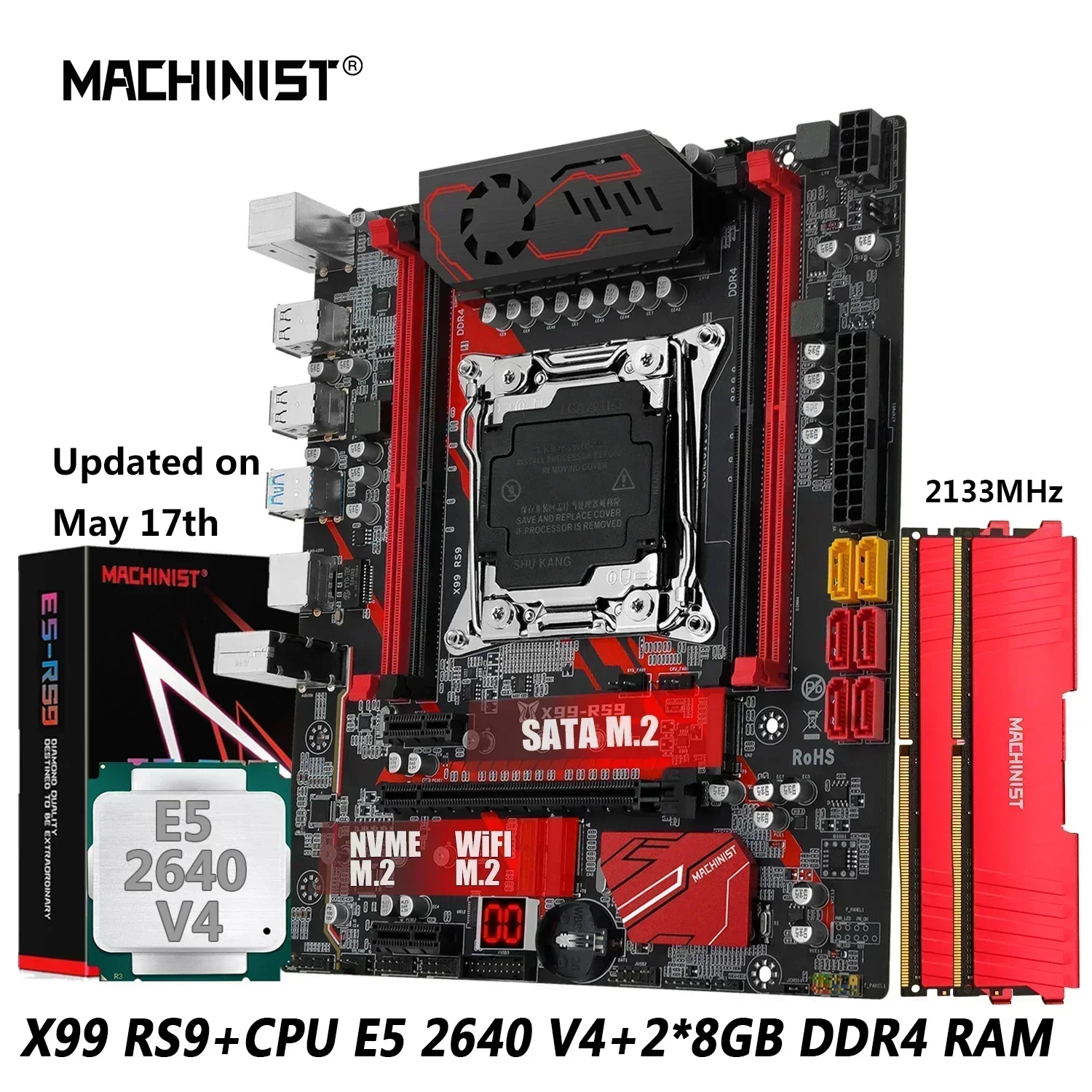 Материнская плата MACHINIST RS9 X99 Combo Xeon E5 2640 V4 Kit LGA 2011-3 CPU DDR4 2*8G=16 ГБ ОЗУ 2133 МГц NVME M.2 USB 3.0 Четырехканальный