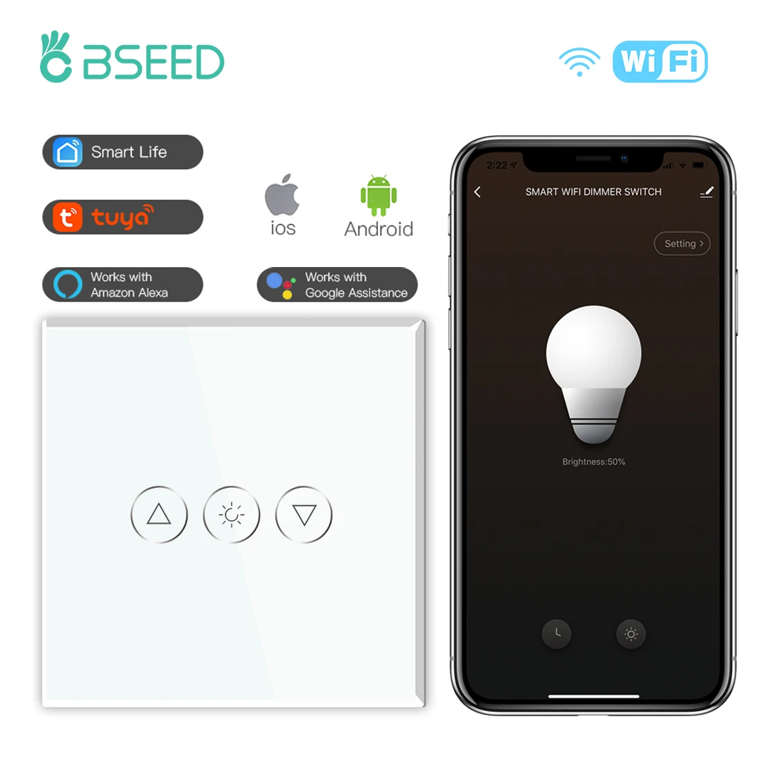 Умный диммер BSEED с Wi-Fi, светодиодный переключатель с регулируемой яркостью, стеклянная панель с синей подсветкой, голосовое управление Google Tuya Smart Life