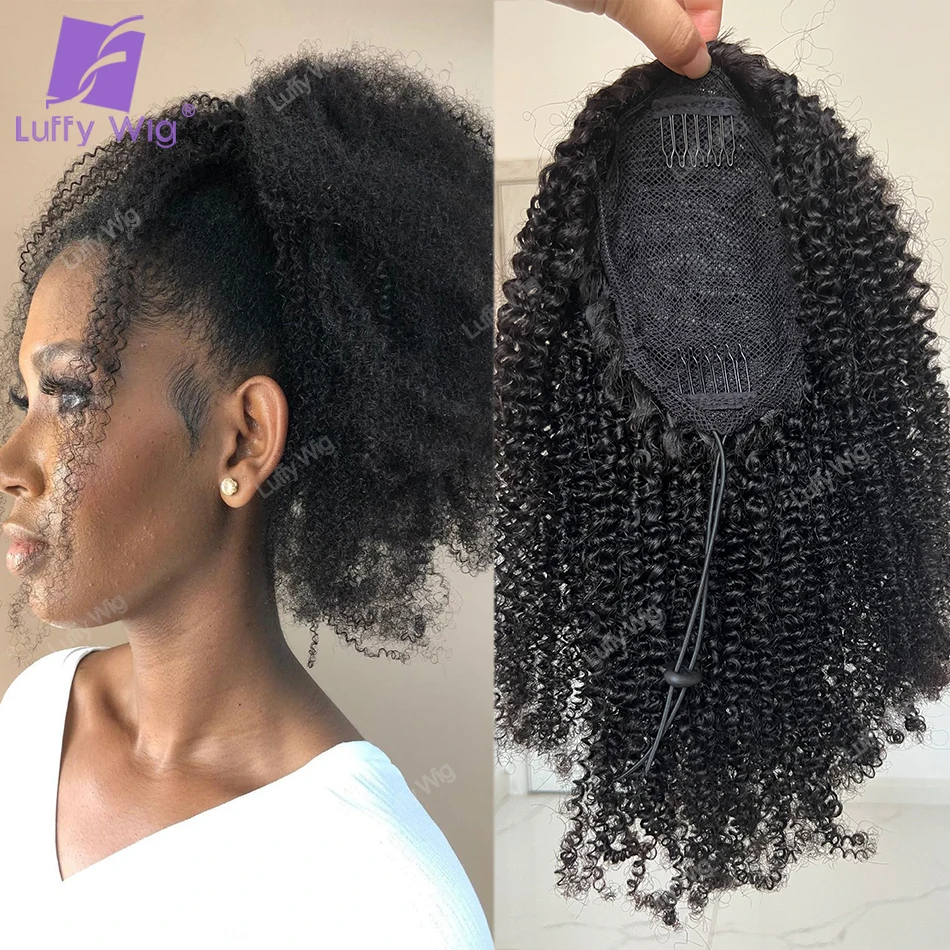 Human Hair Ponytails Drawstring Extensions Burmese Remy Human Hair Ponytail Afro Kinky Curly Wrap Around For Black Women Luffy