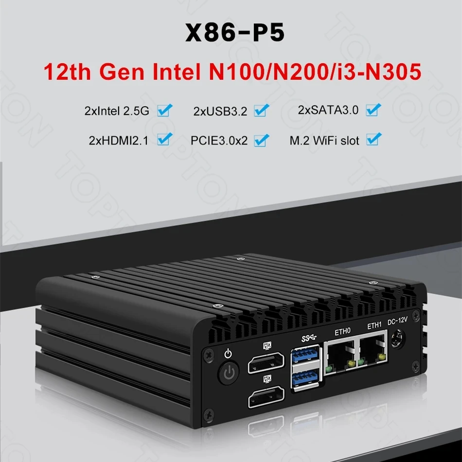 Фото Topton P5 микро брандмауэр компьютера 12-го поколения Intel i3 N355 N305 N150 N100 DDR5 2xi226-V 2,5G LAN безвентиляторный мини-ПК Proxmox сервер №2