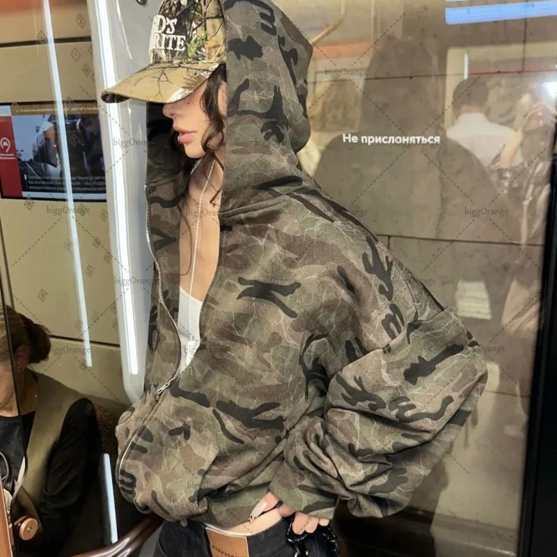 Y2K Harajuku ретро камуфляжная толстовка на молнии в стиле хип-хоп, панк, трендовая брендовая уличная куртка, женская модная повседневная свободная толстовка