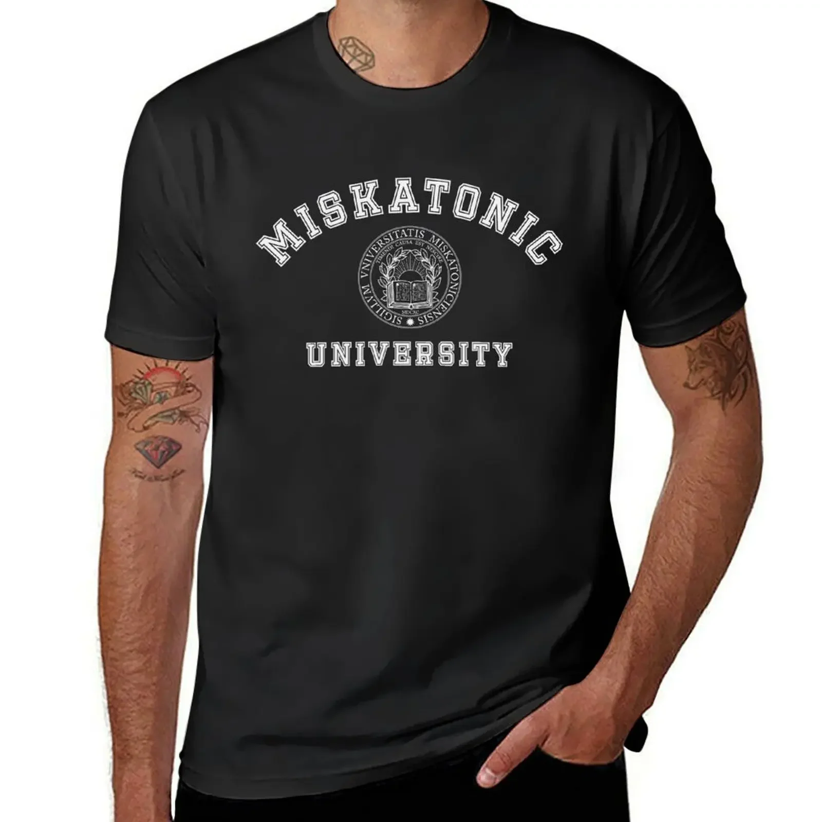 Новая модная Тяжелая футболка Miskatonic с печатью, женская футболка с принтом, быстросохнущая Милая одежда, простые белые мужские футболки