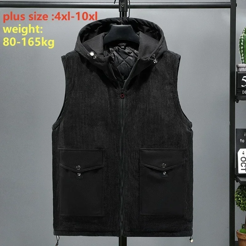 Фото Осень-зима для мужчин размера плюс 8XL 9XL 10XL холодостойкий жилет пуховый хлопковый жилет с капюшоном свободный вельветовый толстый мужской жилет без рукавов №2