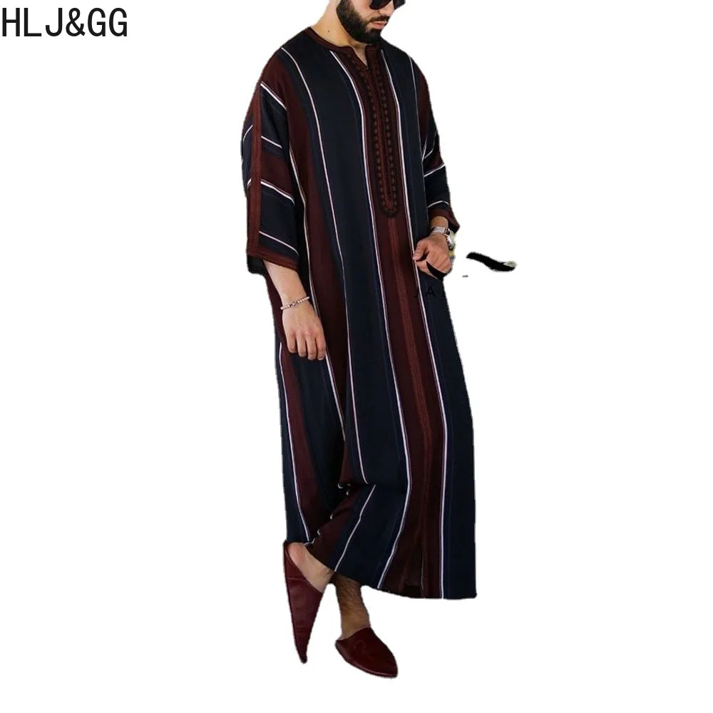 HLJ & GG мусульманская одежда Jubba Thobe Мужская толстовка Рамадан халат мужская Повседневная Свободная полосатая одежда Abaya Дубай турецкая исламская одежда (art.: 3920c2a230917) - 3920c2a230917