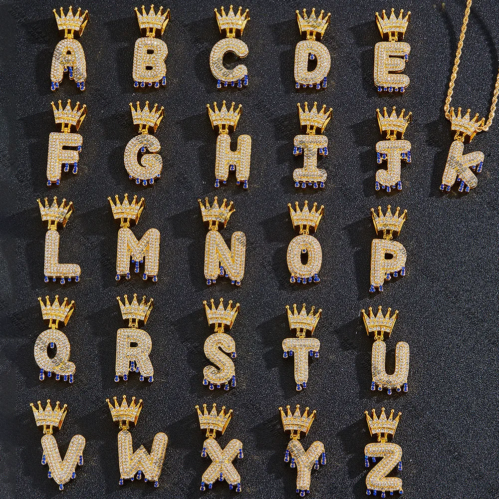 Хип-хоп Iced Out Bling Цирконий A-Z Капельная Корона Начальные Письма Подвеска Золото Серебро Цвет Хип-Хоп Ювелирные Изделия Для Мужчин Женщин