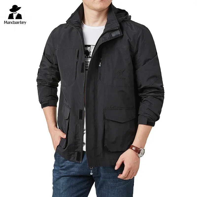 Мужская ветровка Techwear, весенне-осеннее повседневное тонкое рабочее пальто с несколькими карманами, свободное пальто с капюшоном для рыбалки и альпинизма на открытом воздухе