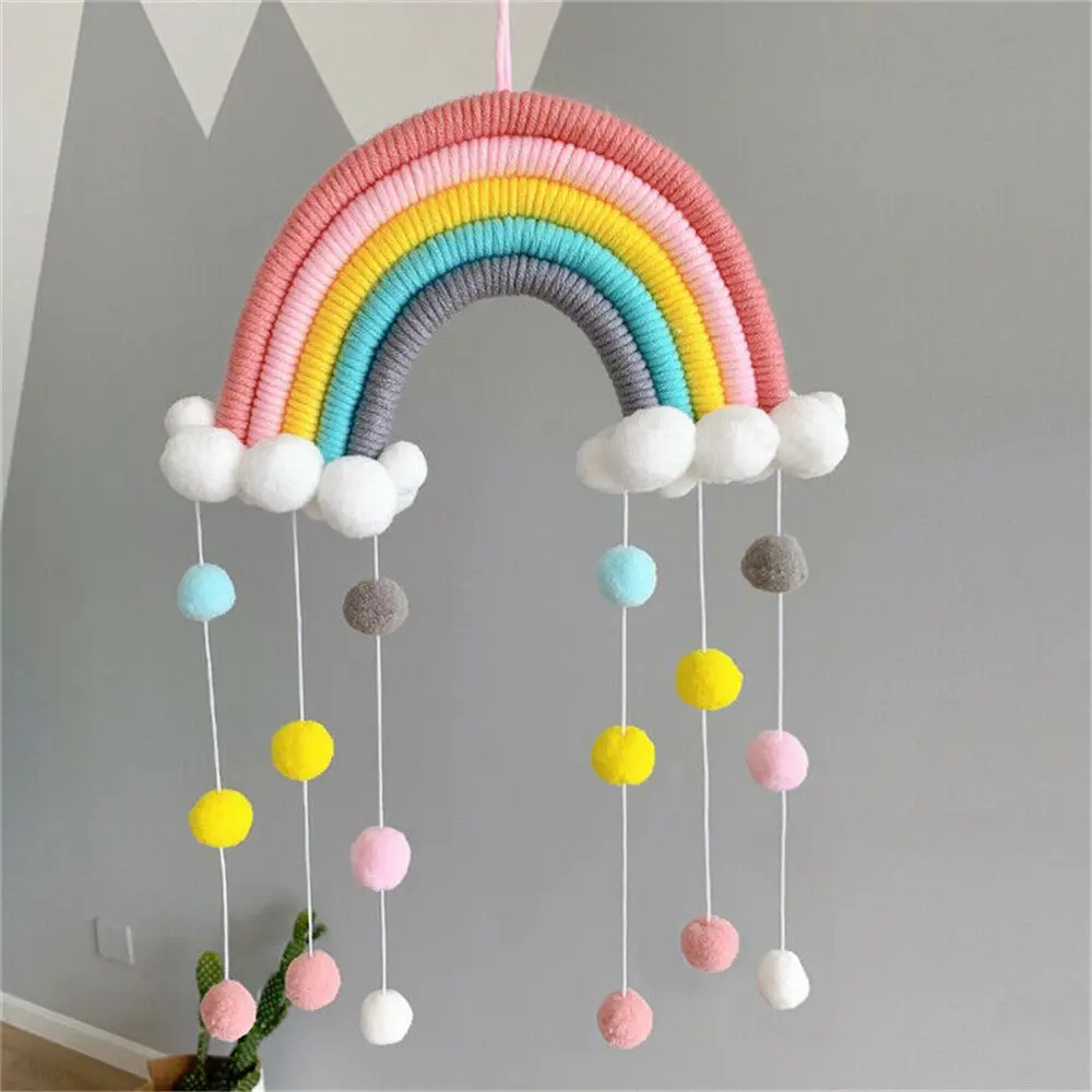 Фото DIY PomPom Радужные облака гобелен ручной работы макраме реквизит для фото тканый настенный декор дома №4