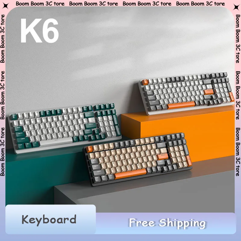 FreeWolf K6 Korean Version Mechanical Keyboard Three Mode Bluetooth Wireless Hotswap 100Key Esports PC Gamer Office