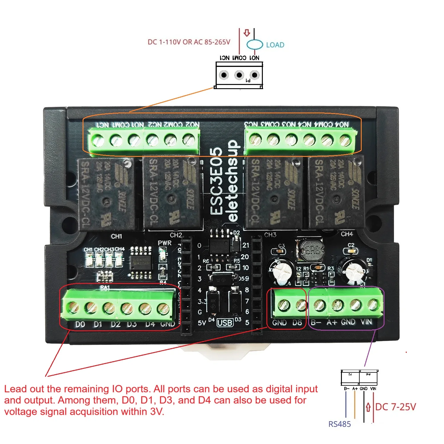 Фото Релейный модуль ESP32 C3 для сети Arduino IOT, мини-плата расширения постоянного тока 9 В 12 В 24 В с 4AI-4DO RS485 №5