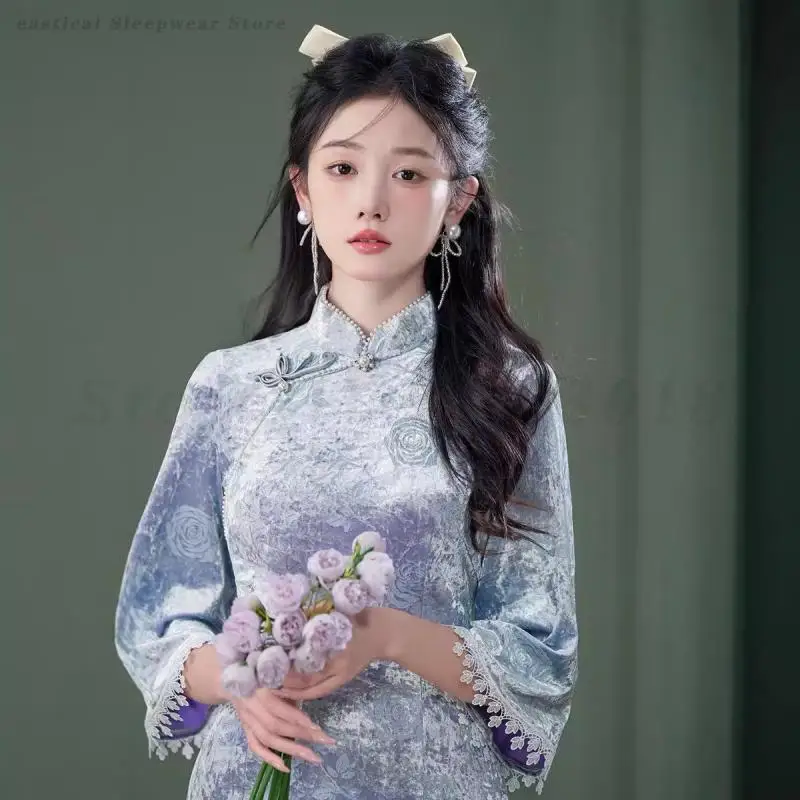 Фото Cheongsam с длинным рукавом, элегантное платье в китайском стиле, женское теплое велюровое платье Ципао с цветочным принтом, винтажные улучшенные платья, длинные платья №5