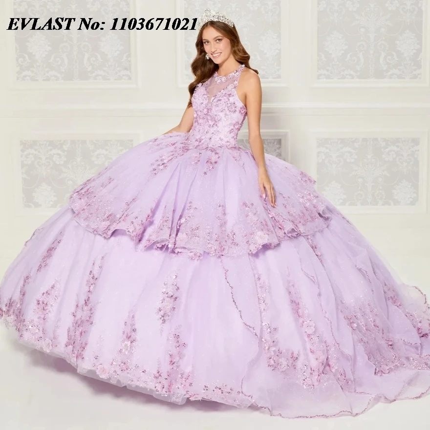 EVLAST индивидуальное сиреневое платье Quinceanera 2024, бальное платье с блестками и кружевной аппликацией, многоуровневое милое платье с бисером 16, Vestidos De 15 Anos SQ244