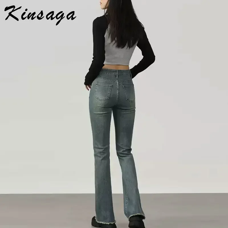Фото Kinsaga винтажные расклешенные джинсы с бахромой, женские корейские эластичные широкие брюки с высокой талией и драпировкой для мытья полов, утягивающие джинсы с вырезом №3