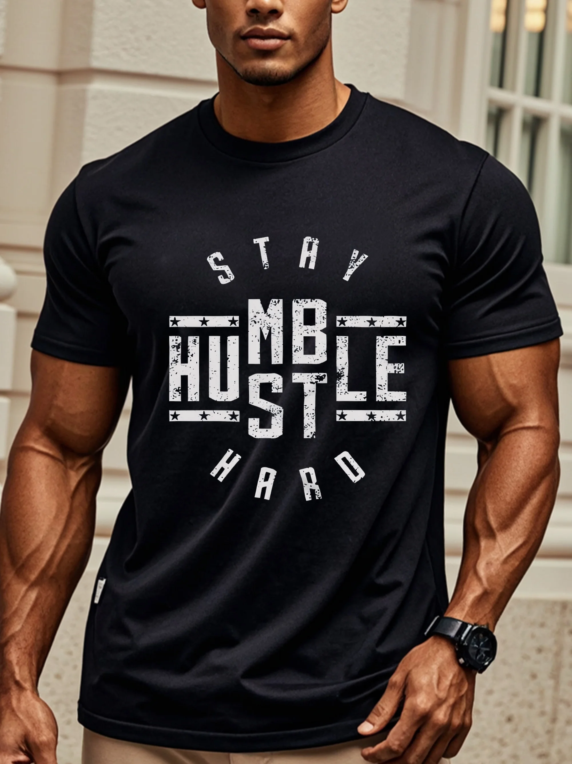 [Ультрамягкая хлопковая футболка с рисунком] STAY HUMBLE HUSTLE HARD - повседневные летние черные футболки с круглым вырезом для мужчин - дышащие