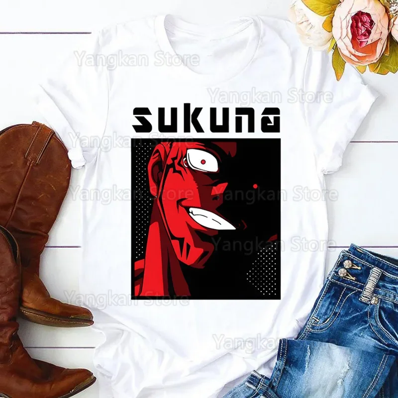 Фото Футболка Sukuna Harajuku, женская футболка с буквенным принтом, забавная женская футболка для отдыха, повседневная модная эстетичная футболка №4