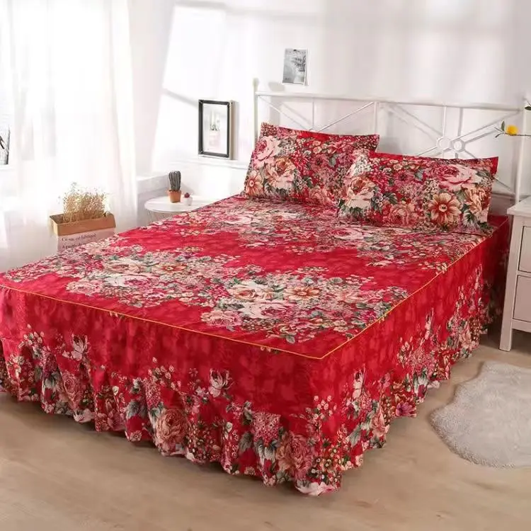 Фото Хлопковая постельная юбка Colcha De Cama, Королевский постельный комплект с принтом растений, наволочки для односпальной/двуспальной кровати с 2 наволочками №2