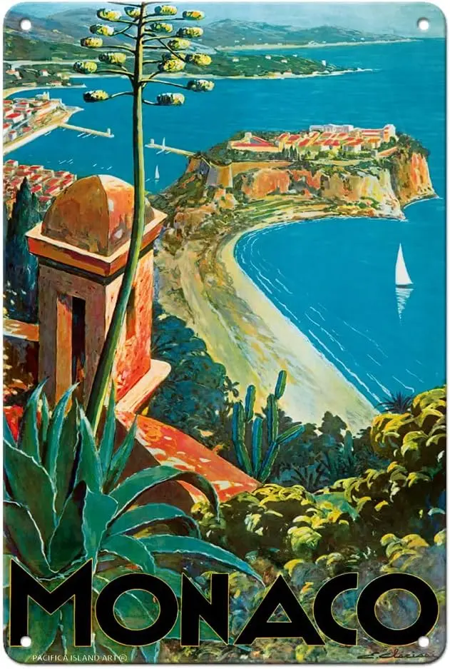 Pacifica Island Art Monaco - Французская Ривьера Монте-Карло - Винтажный туристический постер Э. Клеérissi c.1930s - Винтажная металлическая жестяная вывеска