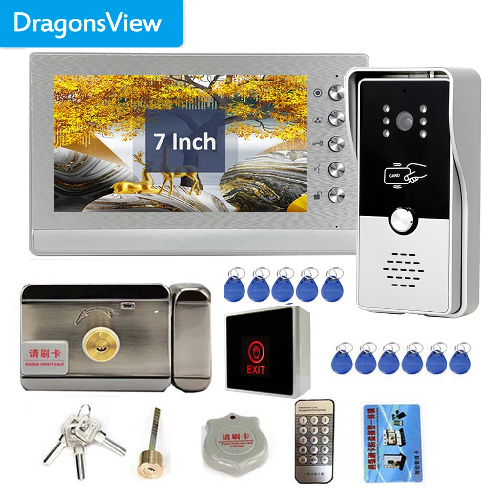 Видеодомофон Dragonsview 7 дюймов, домофон с радиочастотной идентификацией, дверной звонок с камерой, электронный замок, разблокировка, разговор, управление доступом к двери